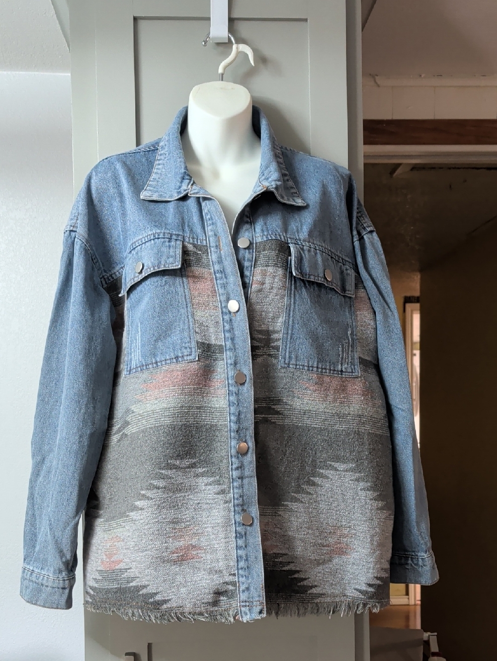 Light Blue Denim Jacket with Aztec Woven Panel